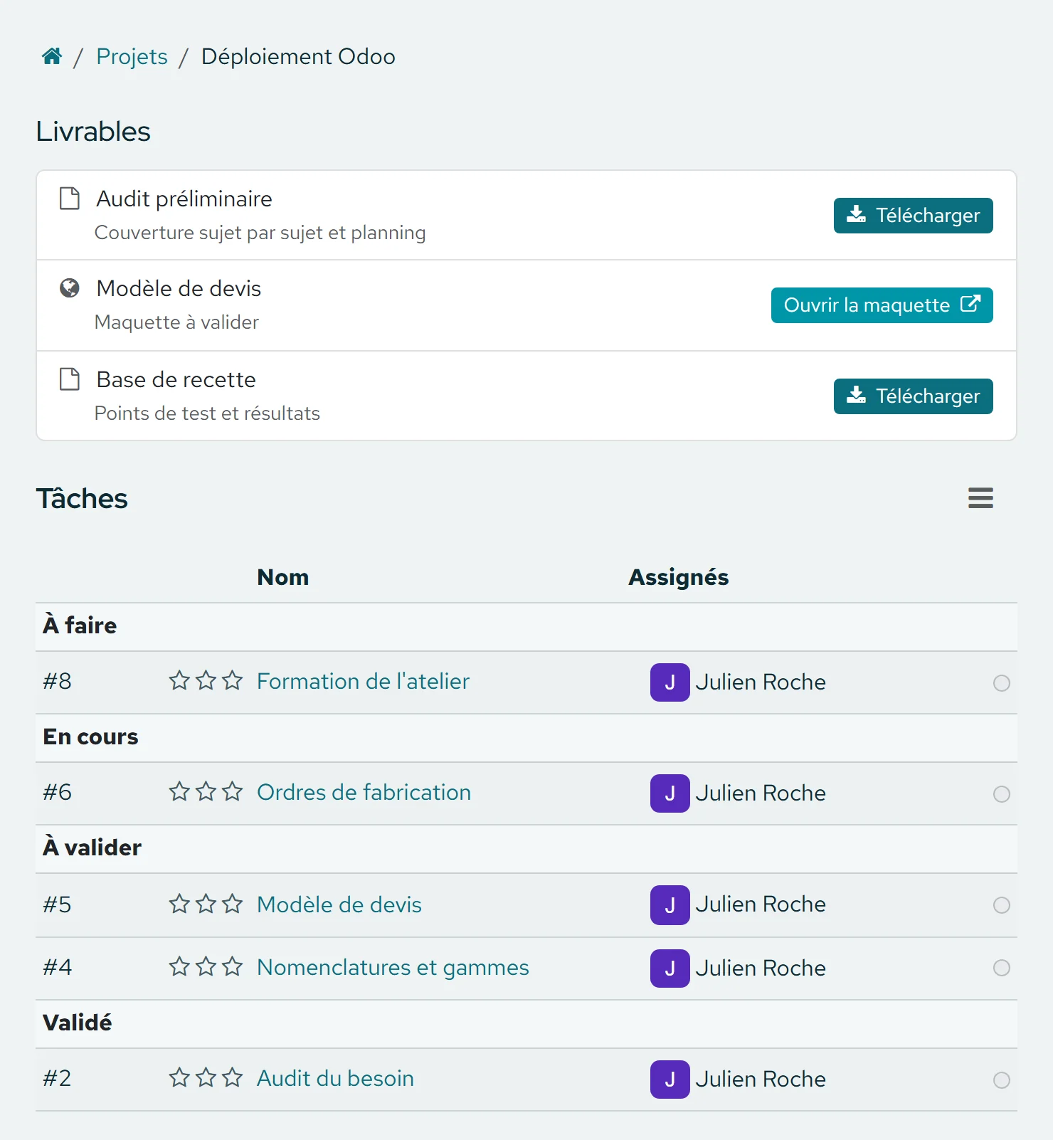 Espace client Odoo : livrables du projet et tâches par étape