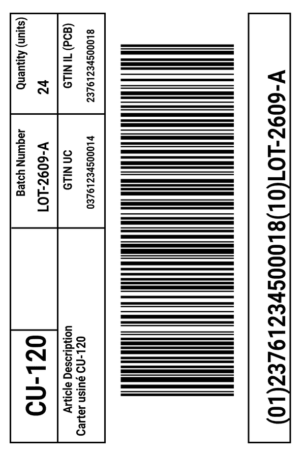 Étiquette GS1 100 x 150 du colis PACK0000001 : CU-120, lot LOT-2609-A, 24 unités, code GS1-128