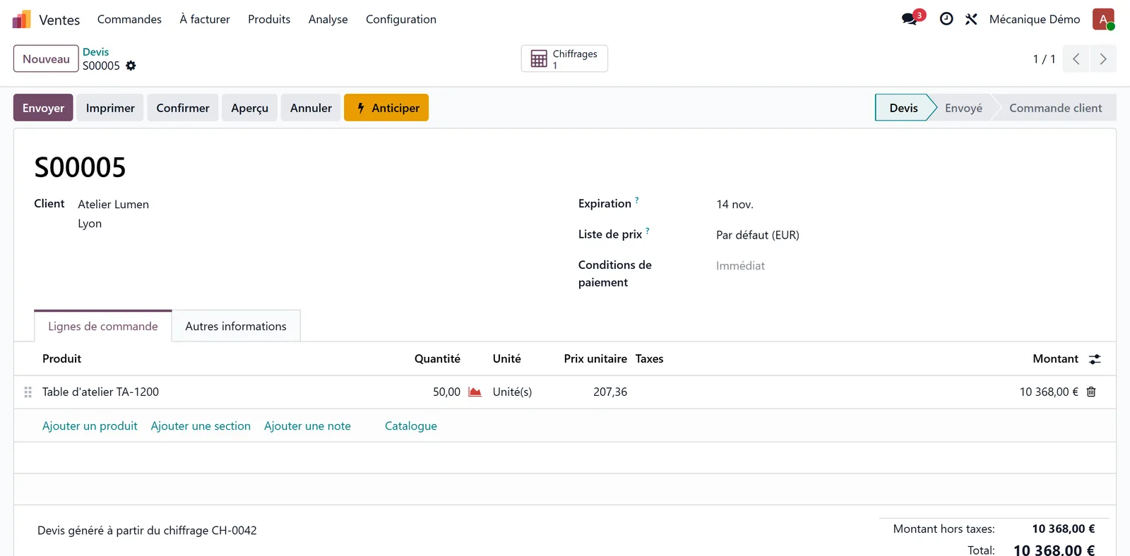 Écran Odoo : devis s00005