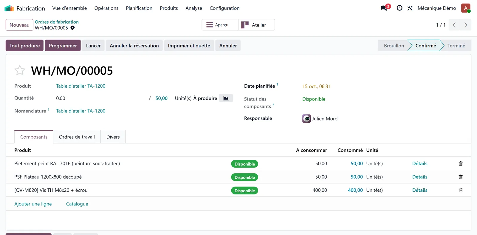Écran Odoo : ordre de fabrication wh/mo/00005