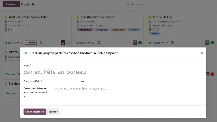 Création de template de projet avec Odoo